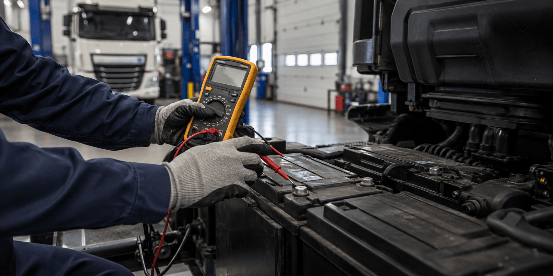 Tecnico controlla le batterie di un camion con un multimetro