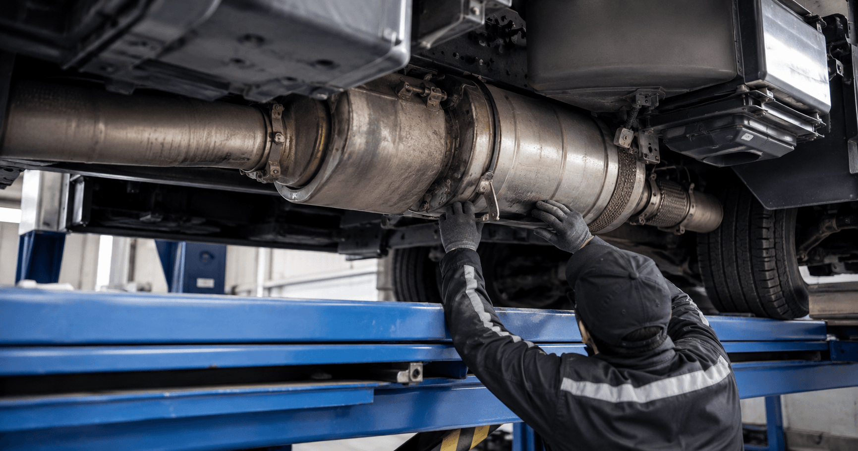 Tecnico ispeziona il filtro antiparticolato di un camion