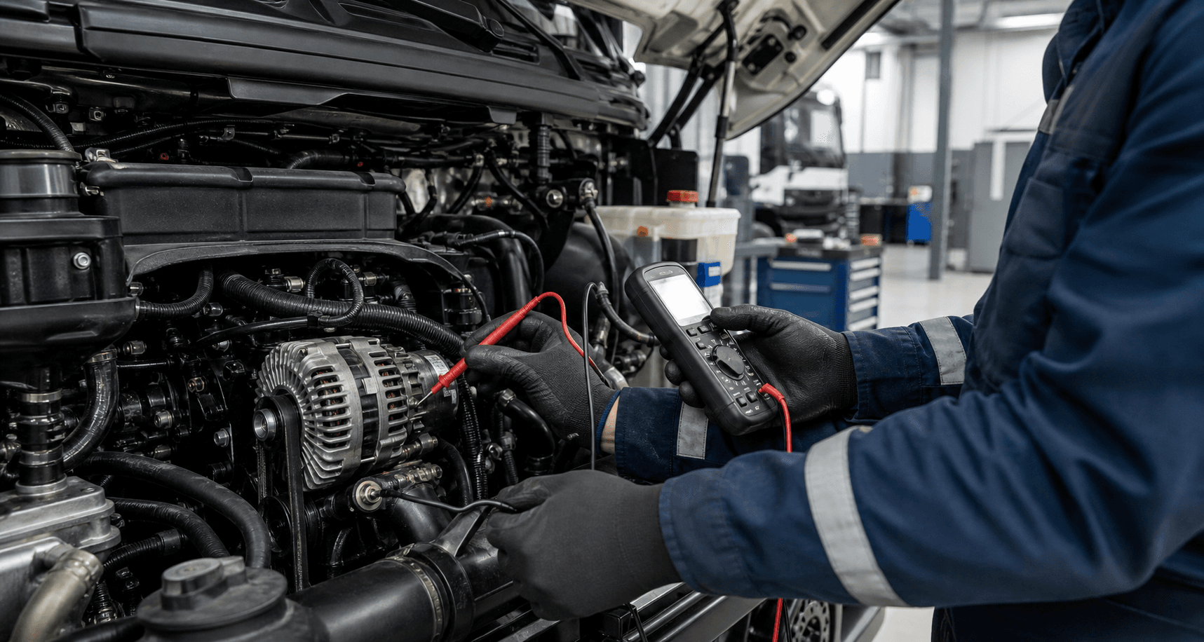 Tecnico misura il sistema di ricarica e alternatore di un camion