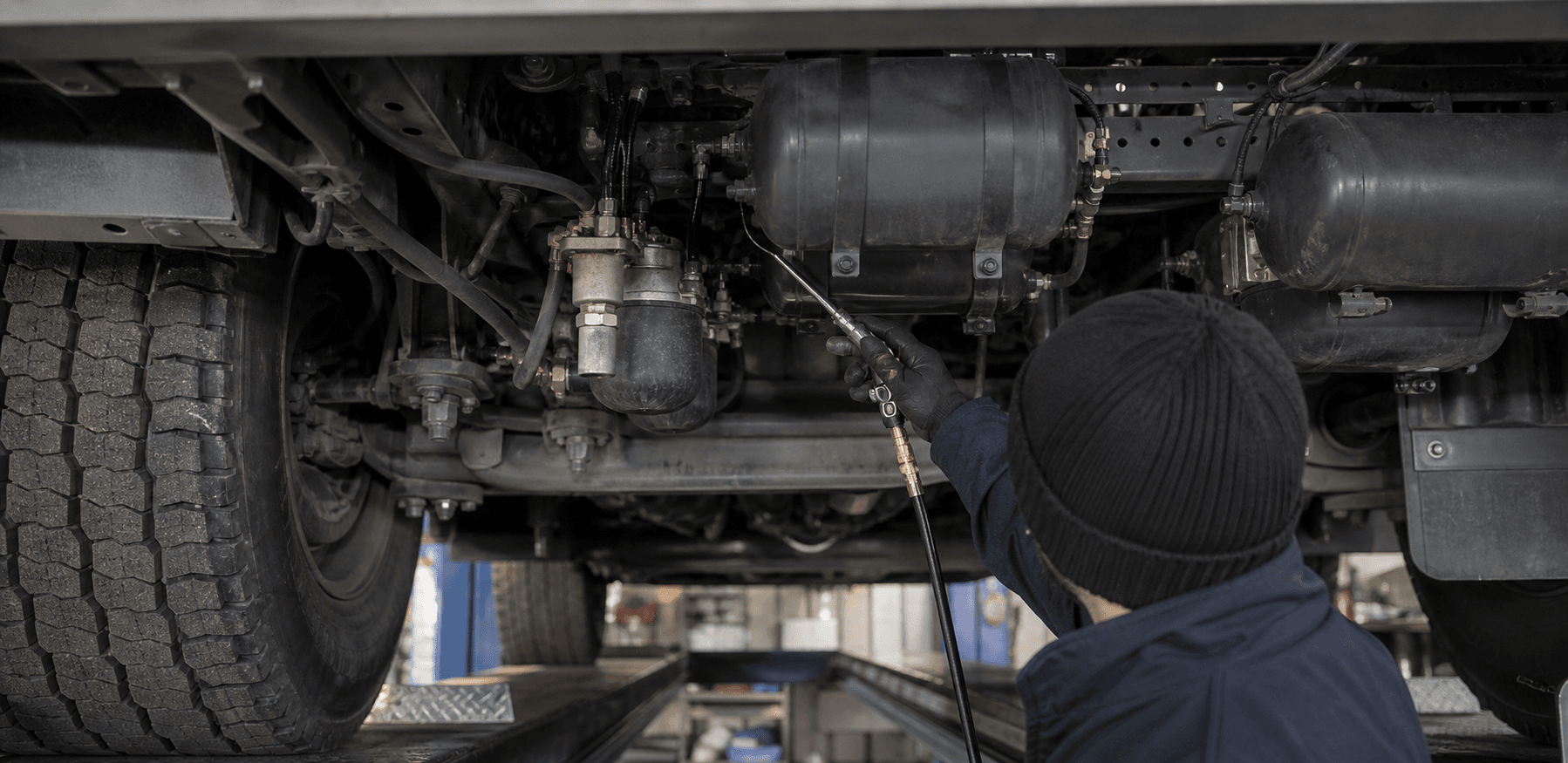Tecnico controlla tubazioni e serbatoi pneumatici di un camion