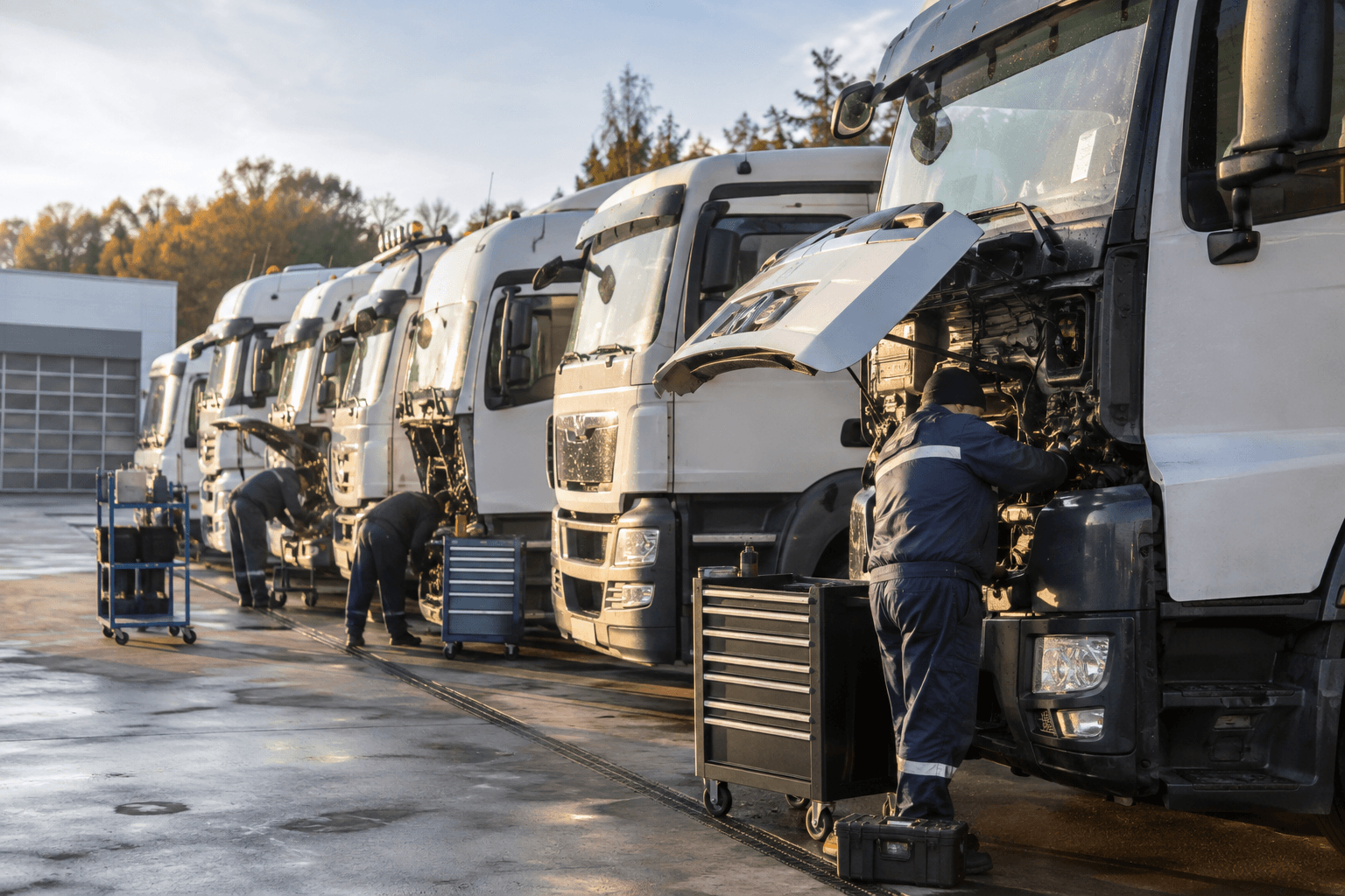 Tecnici controllano una flotta di camion prima del rientro in servizio