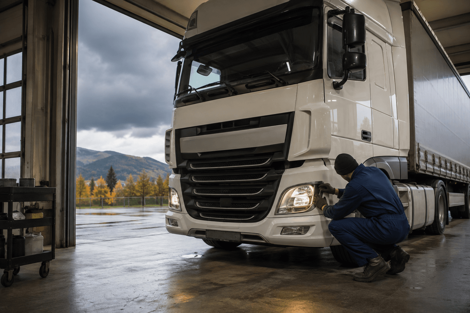 Tecnico prepara un camion ai controlli di inizio autunno