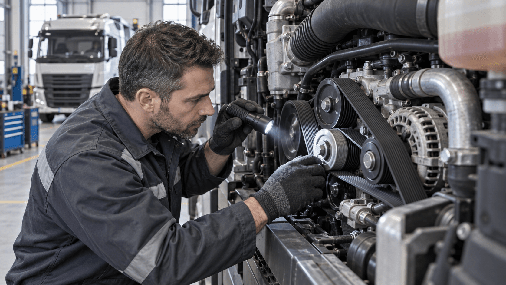 Meccanico controlla la cinghia servizi di un camion in officina