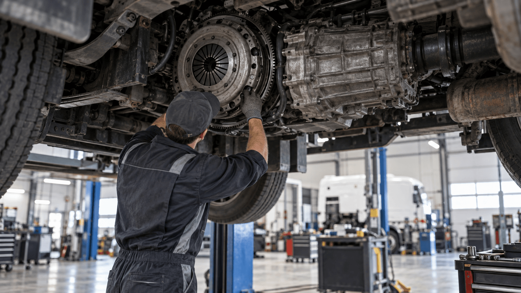 Meccanico che controlla la frizione e la trasmissione di un camion