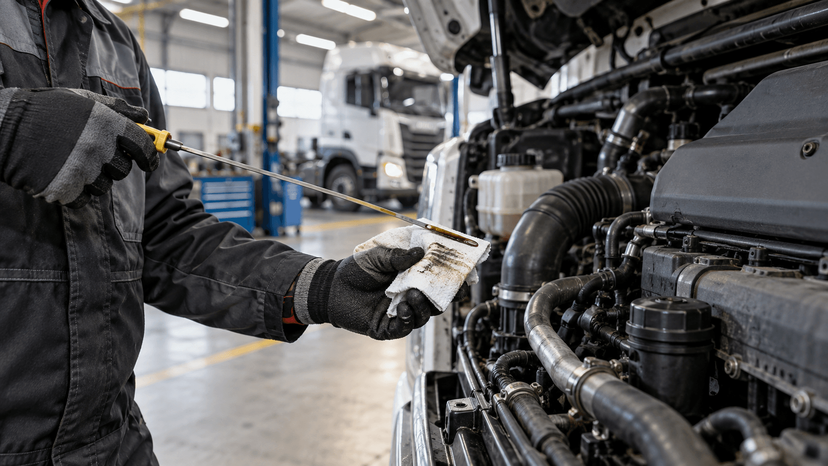 Tecnico che controlla l’olio motore di un camion in officina