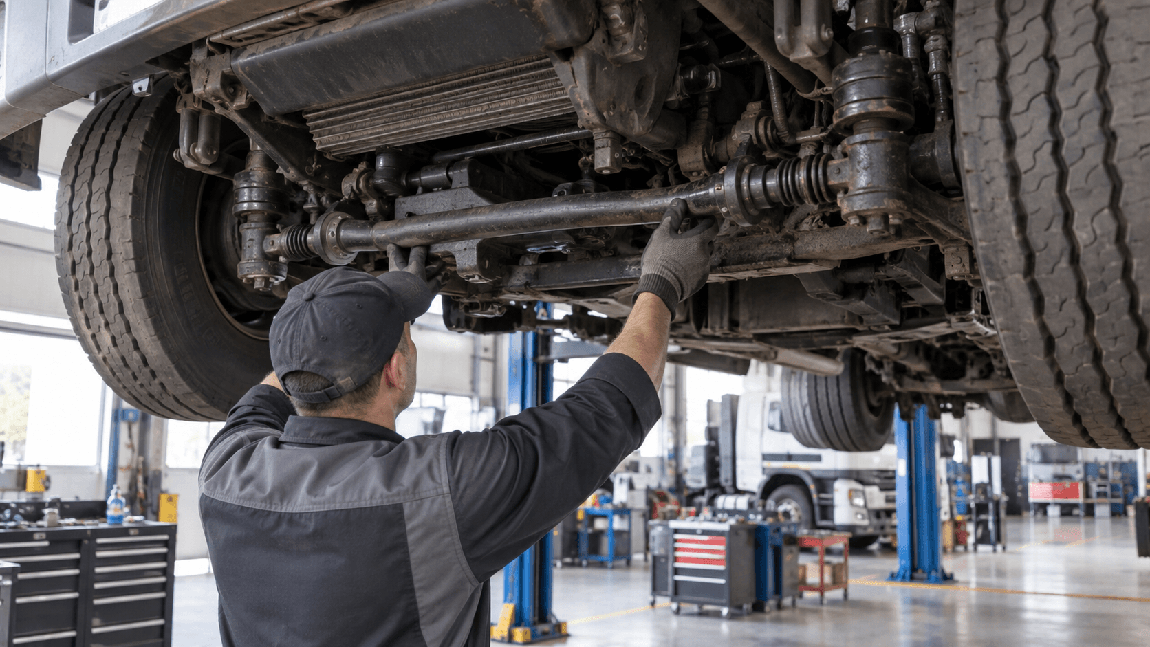 Controllo del sistema di sterzo di un camion in officina