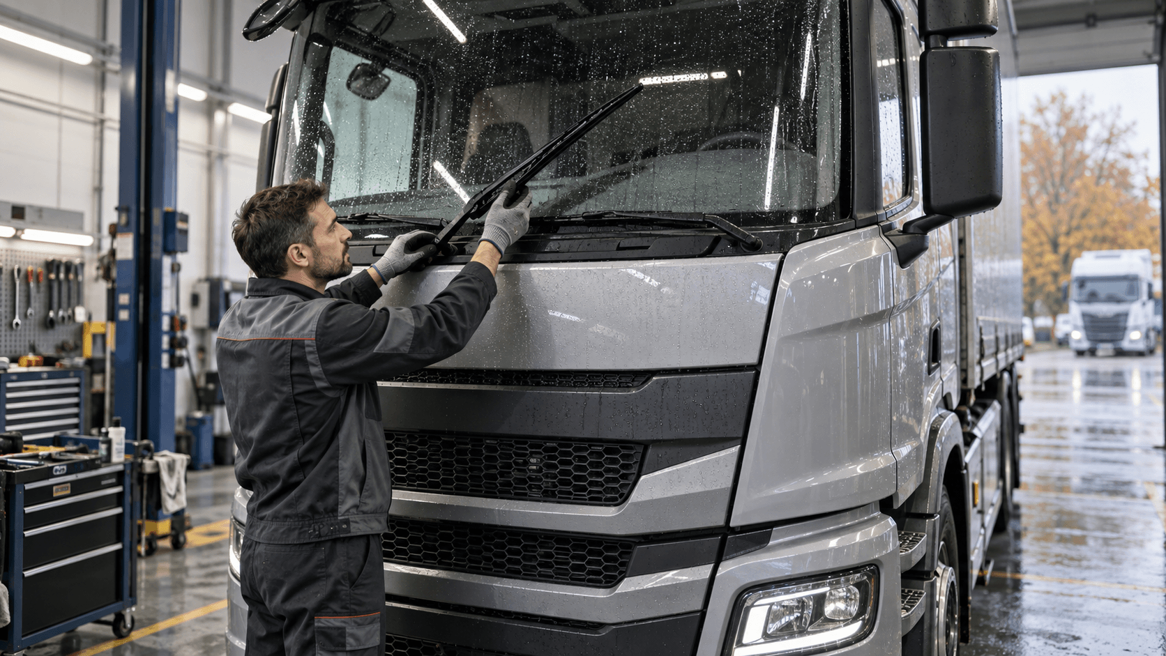 Meccanico controlla i tergicristalli di un camion in officina