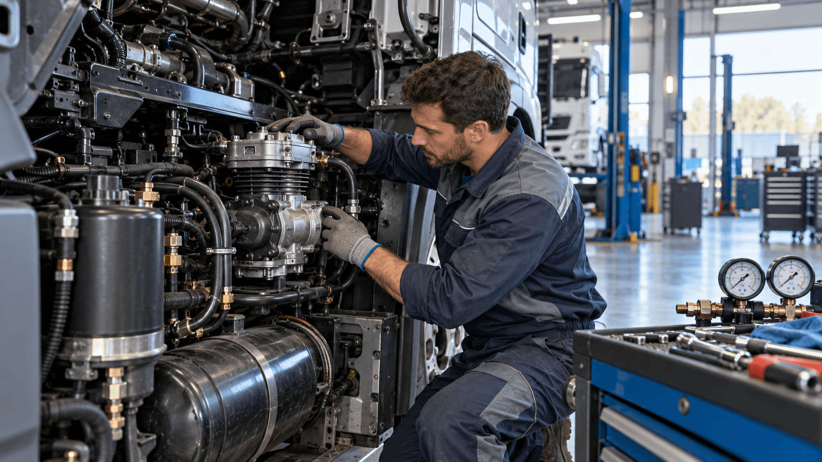 Meccanico controlla il compressore aria di un camion in officina