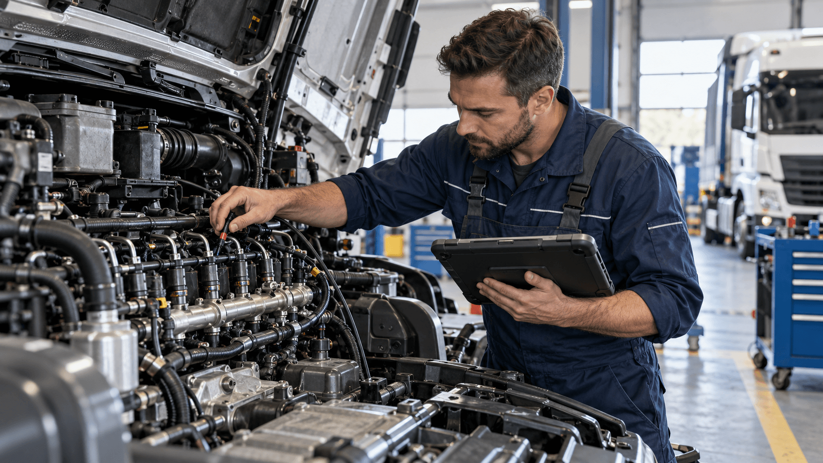 Meccanico controlla gli iniettori di un camion con strumento diagnostico