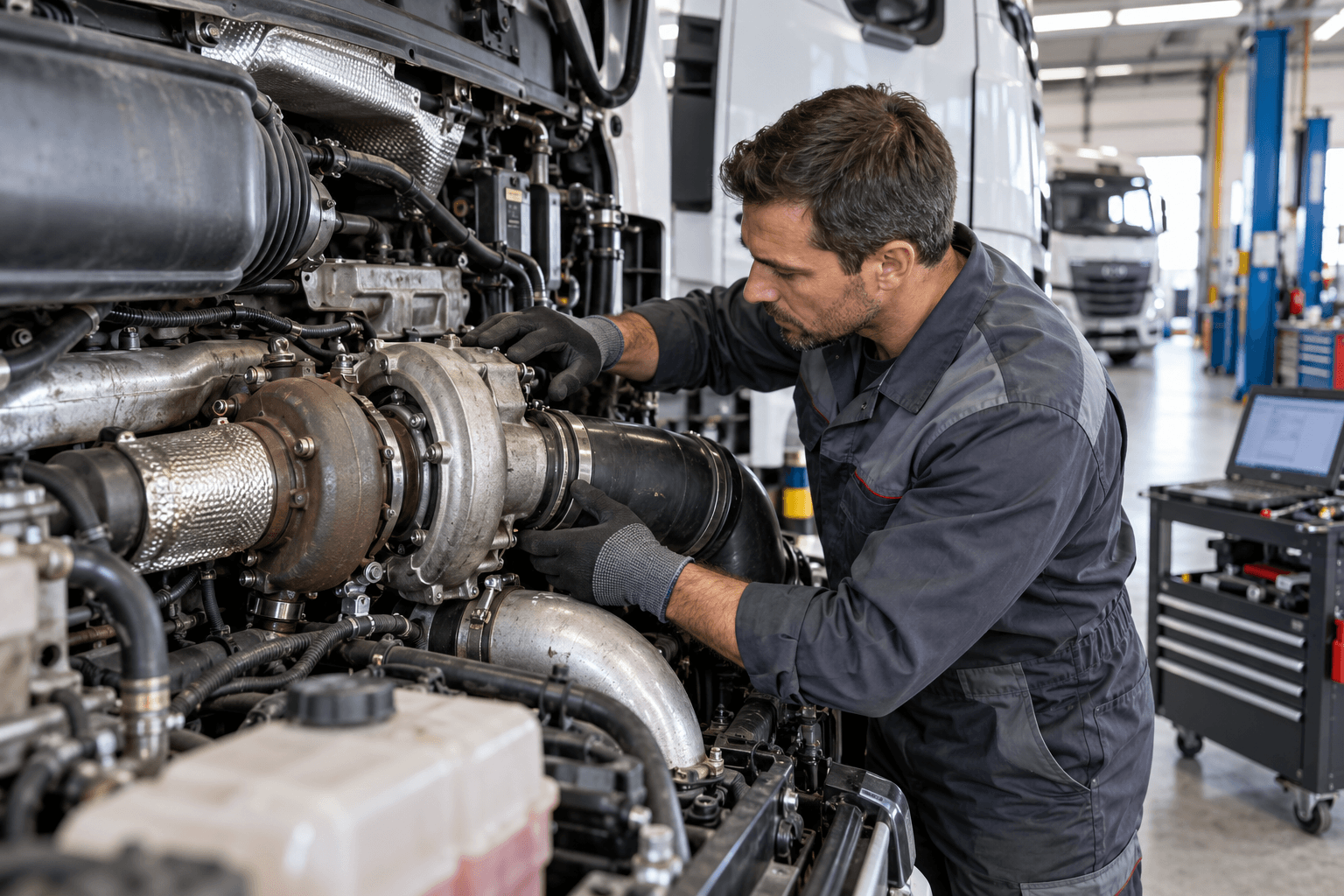 Meccanico controlla il turbocompressore di un camion in officina